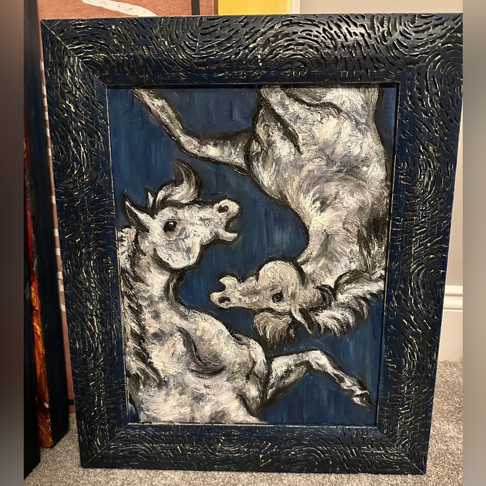Oil painting (painted by me) with custom frame, approx 15”x18”